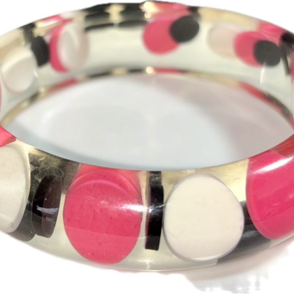 Vintage 3/4” Inch Clear Lucite Bangle Bracelet with zoink, White Black Circles - Picture 6 of 6